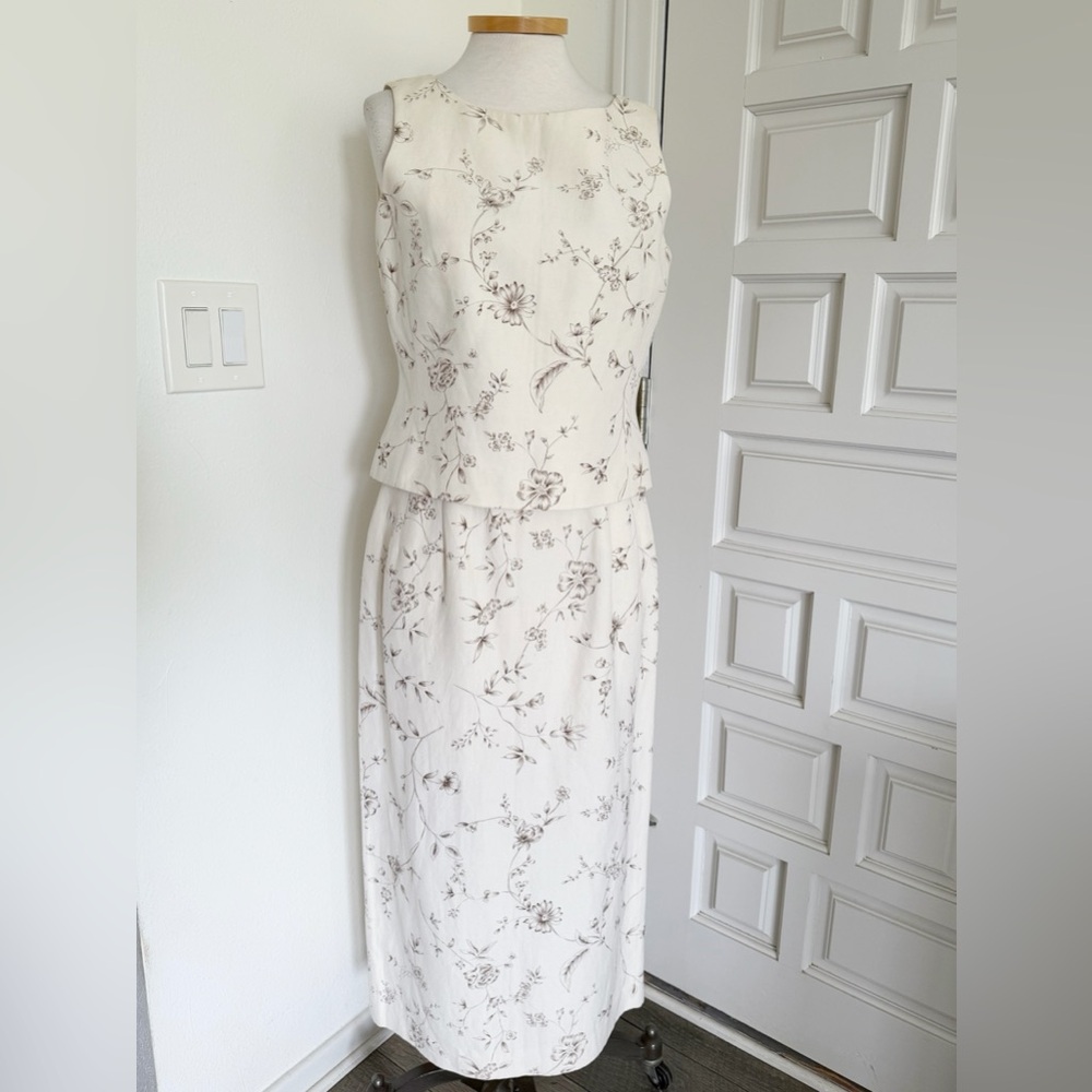 Pendleton Top & Skirt Set Silk Linen Floral Cream Brown 90s Vintage Size 10
